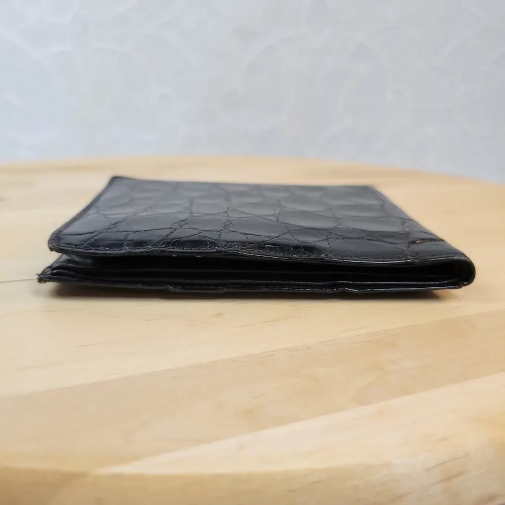 Vintage Bi Fold Wallet Mens Black Croc Embossed Soft Leather Cash Card Slots